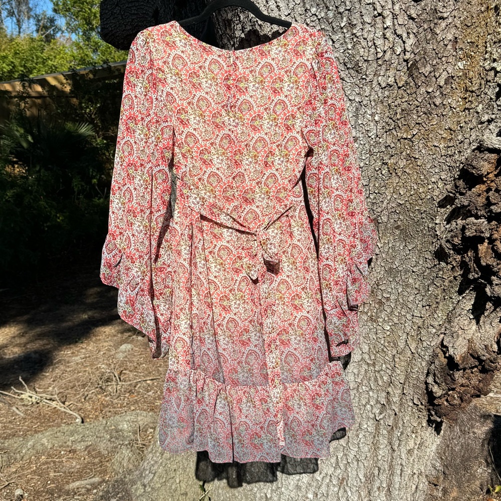 Betsey Johnson-Cream and coral bell sleeve boho dress with back tie.Size 8 - Picture 5 of 6